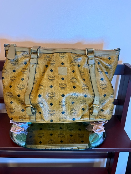 MCM Handbags - MCM Visetos Mustard Logo Canvas Tote with Leather Trim